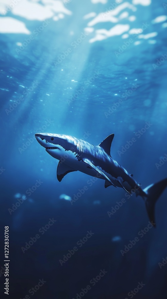 Fototapeta premium Majestic great white shark gliding through sunlit ocean depths
