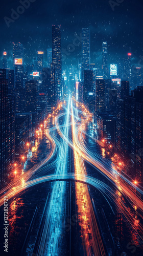 Urban Lights in Perpetual Motion glowing expressways winding through the labyrinthine cityscape