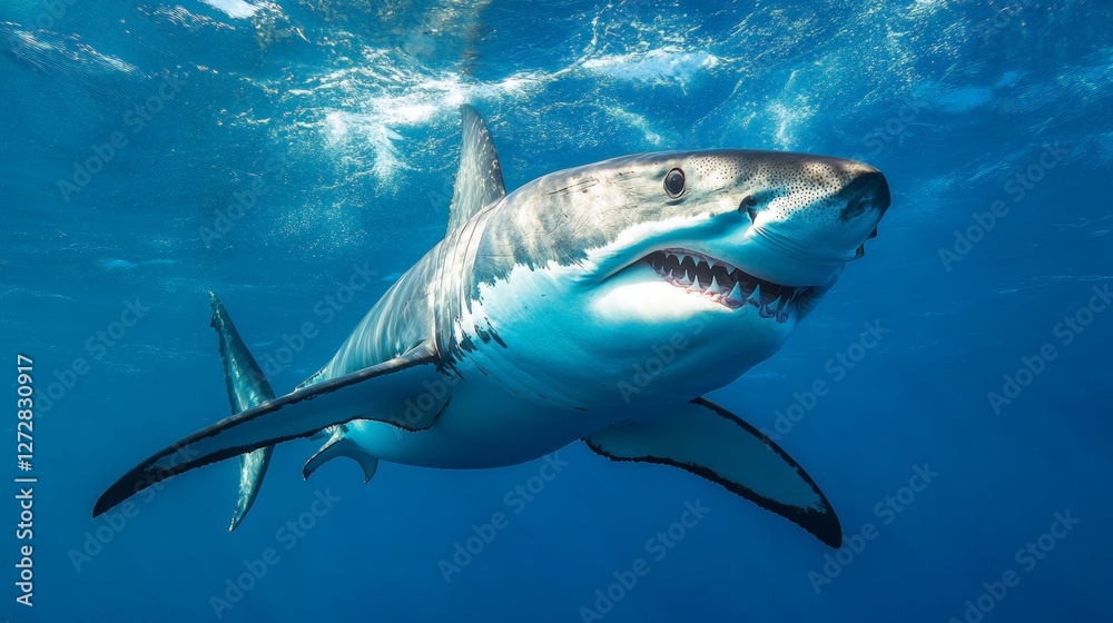 Fototapeta premium Majestic great white shark swimming underwater in clear blue ocean