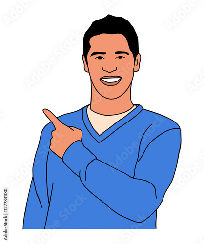 Smiling man pointing to the side with fingers. Happy excited bearded businessman showing with hands. Male Character for presentation. Cartoon realistic vector illustration isolated