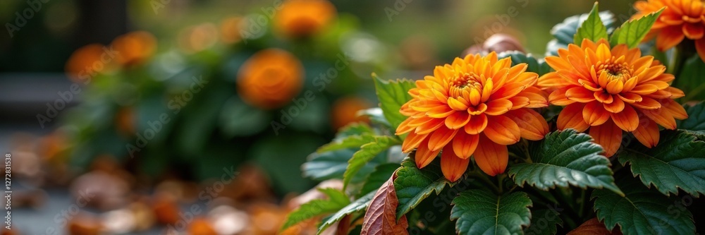 Mature orange chrysanthemum bush with fallen leaves, decay, fall, foliage Mature orange chrysanthemum bush with fallen leaves, decay, fall, foliage