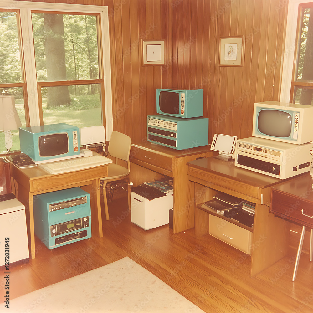 Retro Computer Room with Wood Paneling and Vintage Technology Displayed on Desks and Shelves.