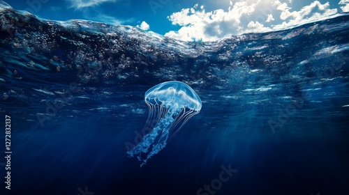 Majestic jellyfish gliding under sunlit ocean waves in pristine waters photo