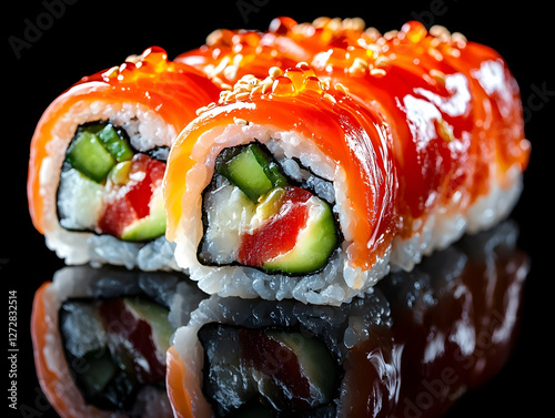 Sushi rolls on black background, close-up, appetizing photo