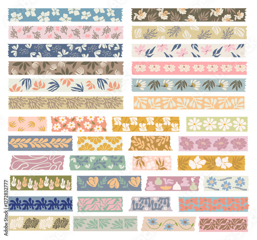 Washi tapes flowers collection. Colorful scrapbook stripes, sticky label tags and decorative scotch strip with floral vector abstract elements. Digital stickers for planner