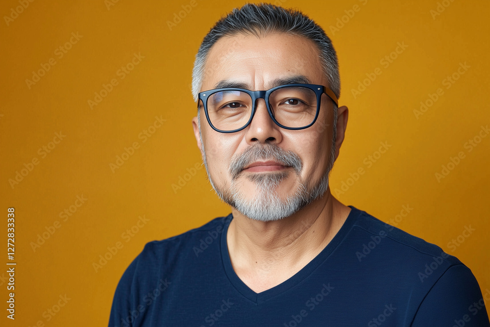 portrait of a middle age korean man wearing Dark blue glasses, studio lighting. Mustard, blue and yellow style
