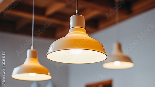 Three pale yellow pendant lights hanging from a wooden ceiling.