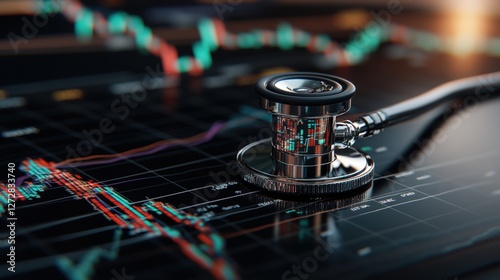 Stethoscope on table with stock price chart in background for healthcare medical wellness sector