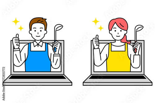 オンラインで料理を教えるエプロン姿の男女　セット