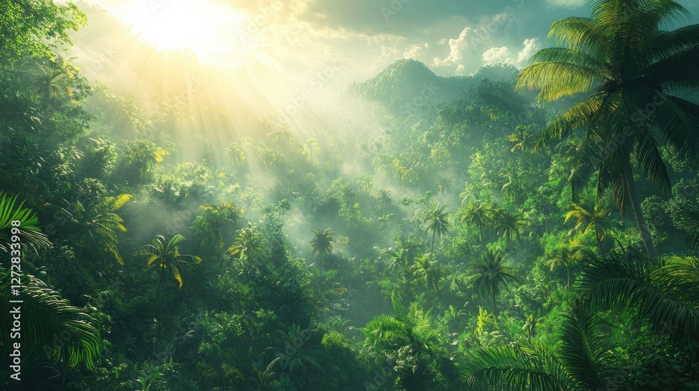 Obraz premium Tropical Rainforest Sunlight Through Canopy, Aerial View