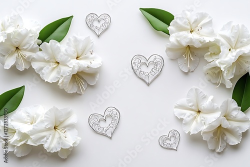 Elegant Women's Day banner with filigree hearts and elegant white azaleas on a sophisticated white background.