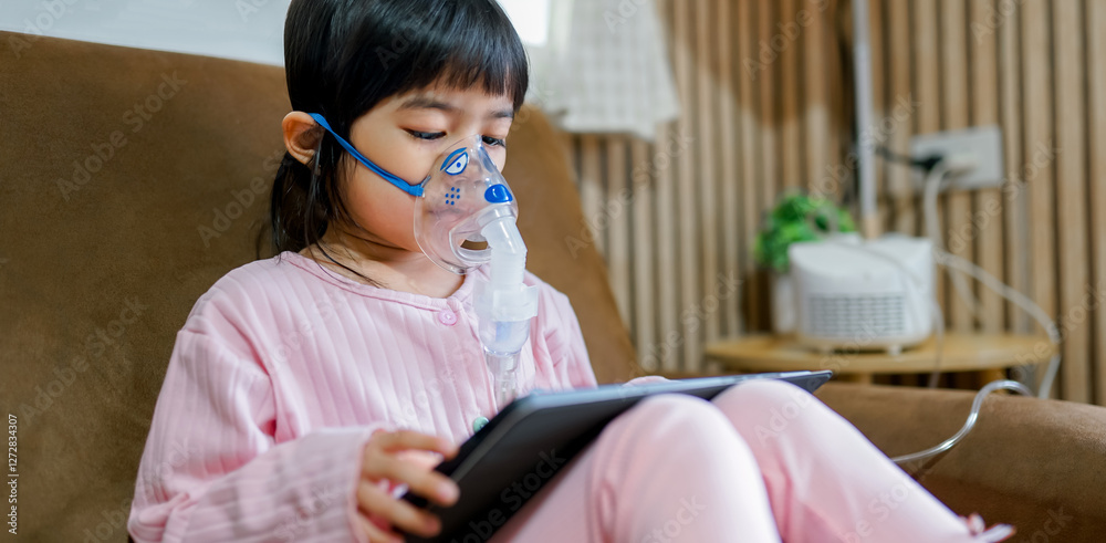 Girl using Oxygen breathing machine at home smile and surprice. Breathing device for asthma and coronavirus. Woman have problem with lungs Girl using Oxygen breathing machine at home smile and surprice. Breathing device for asthma and coronavirus. Woman have problem with lungs