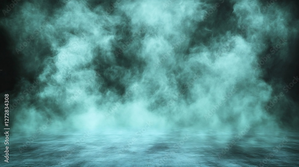 Fototapeta premium Ethereal teal smoke swirls dramatically illuminated by moody low light creating a mysterious atmosphere. AI Generated