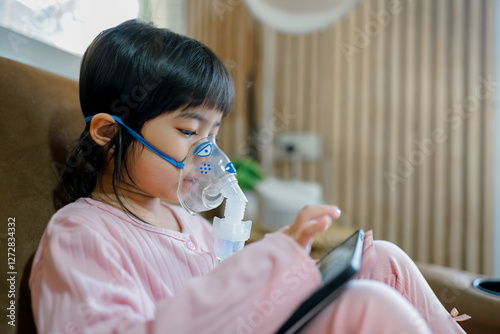 Girl using Oxygen breathing machine at home smile and surprice. Breathing device for asthma and coronavirus. Woman have problem with lungs	