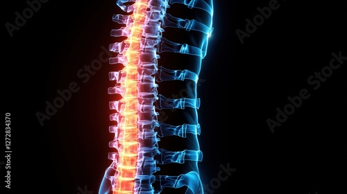 Highlighted spine illustration showing posture improvement and spinal health concepts in red glow