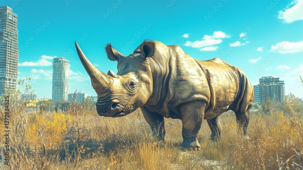 Fototapeta premium Majestic rhino in urban landscape with skyscrapers