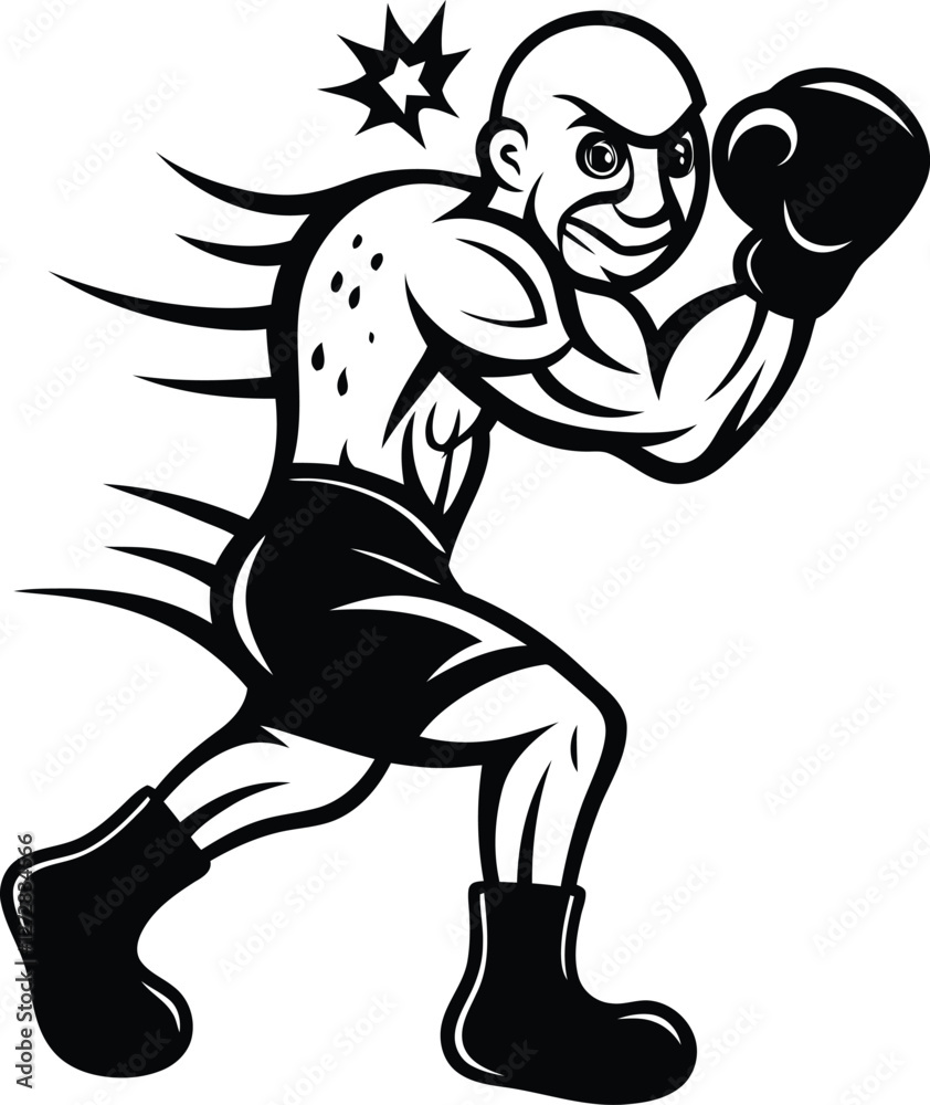 Fototapeta premium Muscular cartoon boxer in action premium quality silhouette vector art, muscular cartoon boxer in action line art vector illustration