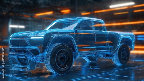 Futuristic 3D rendering of pickup truck in wireframe style with blue and orange colors, sleek modern design, and industrial background.