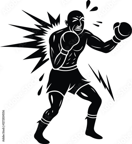Muscular cartoon boxer in action premium quality silhouette vector art, muscular cartoon boxer in action line art vector illustration