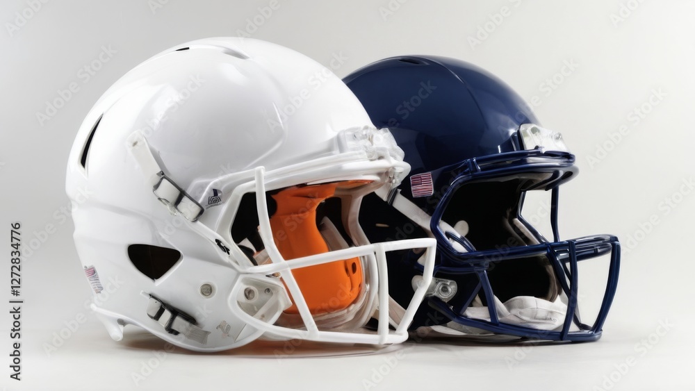 Fototapeta premium Modern American Football Helmet Duo on White Background with Stylish Visors and Chin Guards