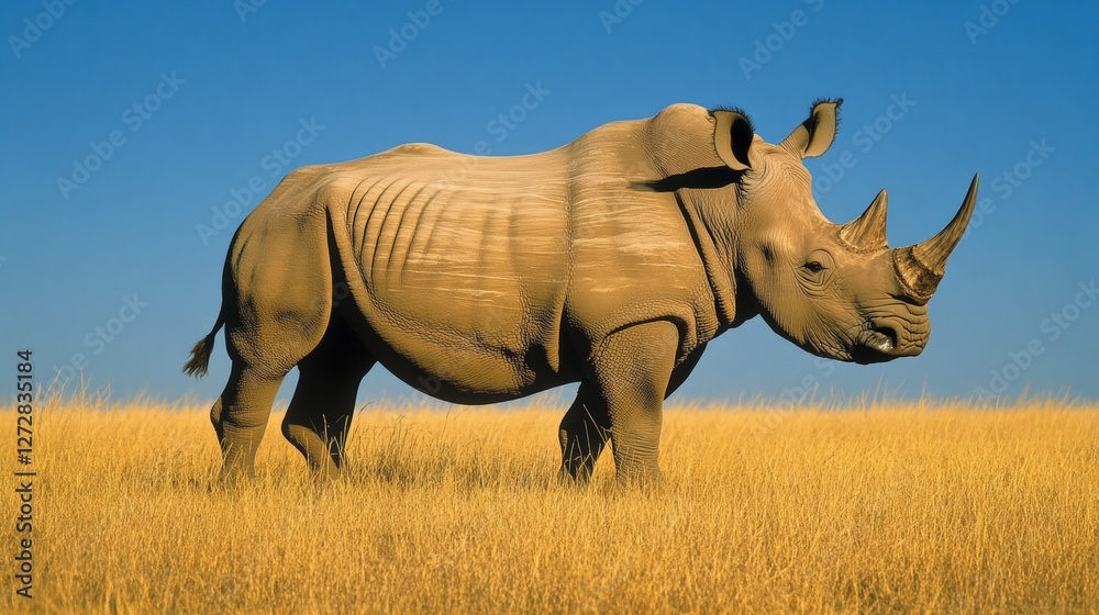 Fototapeta premium Majestic rhinoceros grazing in golden savanna under clear blue sky