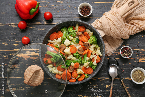 Frying pan with tasty roasted vegetables on black wooden background photo