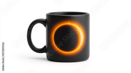 Black Mug with Eclipse Design on White Background. Generative AI photo