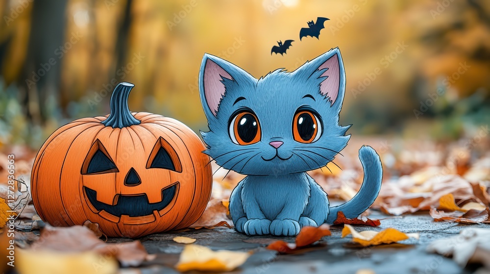 Naklejka premium charming halloween themed coloring activity featuring a playful cat,pumpkin for childrenrs creativity enhancement