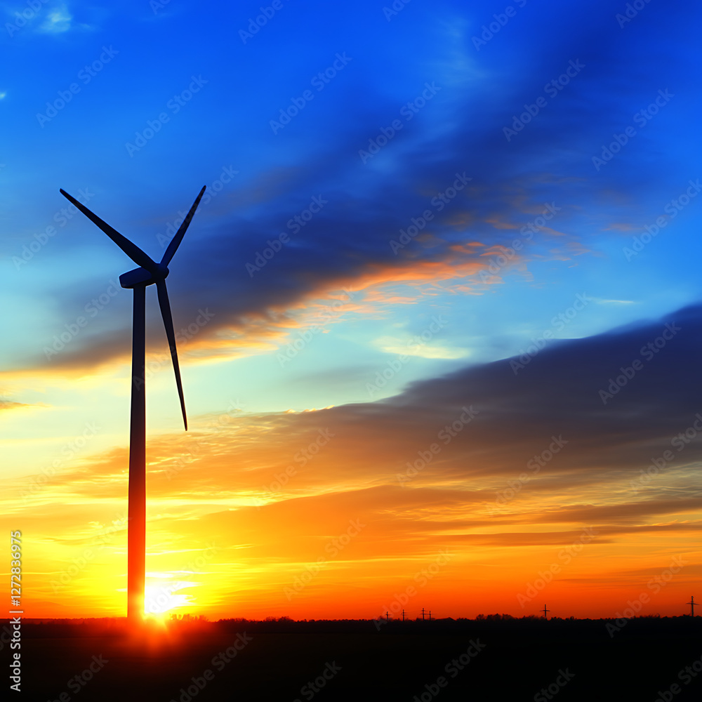 Silhouette of Wind Turbine at Sunset Emitting Energy Against Colorful Sky with Dramatic Clouds. Silhouette of Wind Turbine at Sunset Emitting Energy Against Colorful Sky with Dramatic Clouds.