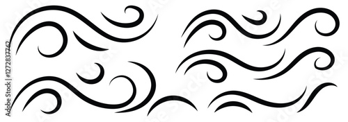 Doodle wind line sketch set. Sketch drawn air blow motion, smoke flow art, abstract line. Wave illustration sign collection. ocean symbol. Hand drawn air wave icon. 