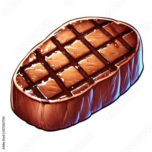 A high-quality digital illustration of a perfectly grilled steak with a rich brown seared surface, glistening juices, and distinct crosshatch grill marks.