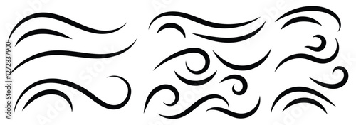 Hand drawn doodle wind motion, air blow, swirl elements. Wind icon set. Doodle wind line sketch elements. vector illustration. 