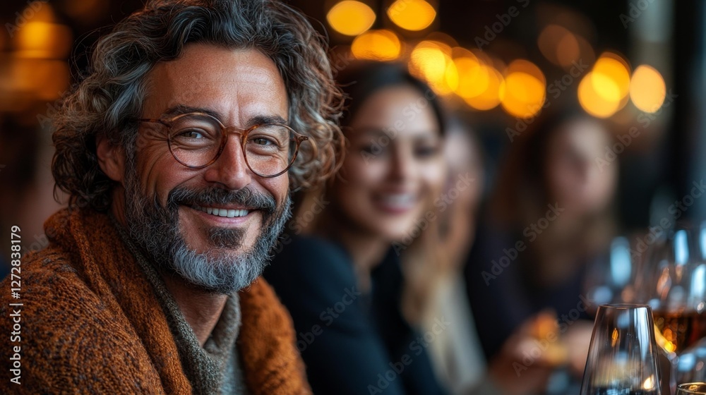 Smiling Middle-Aged Man with Glasses and Friends in a Warm Setting. Generative AI Smiling Middle-Aged Man with Glasses and Friends in a Warm Setting. Generative AI