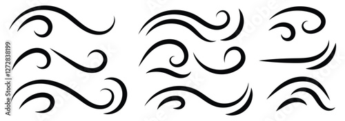 Hand drawn doodle wind motion, air blow, swirl elements. Wind icon set. Doodle wind line sketch elements. vector illustration. 