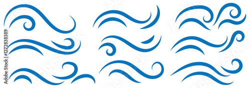Blue waves icon vector set. ocean symbol.  doodle wind with line art. Hand drawn doodle wind motion, smoke flow art, abstract line Vector illustration 