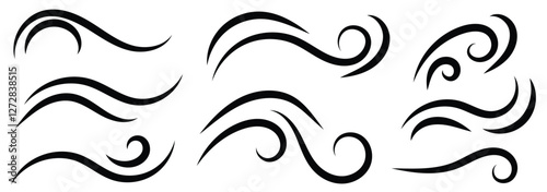 Hand drawn doodle wind motion, air blow, swirl elements. Wind icon set. Doodle wind line sketch elements. vector illustration. 