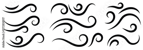 Hand drawn doodle wind motion, air blow, swirl elements. Wind icon set. Doodle wind line sketch elements. vector illustration. 
