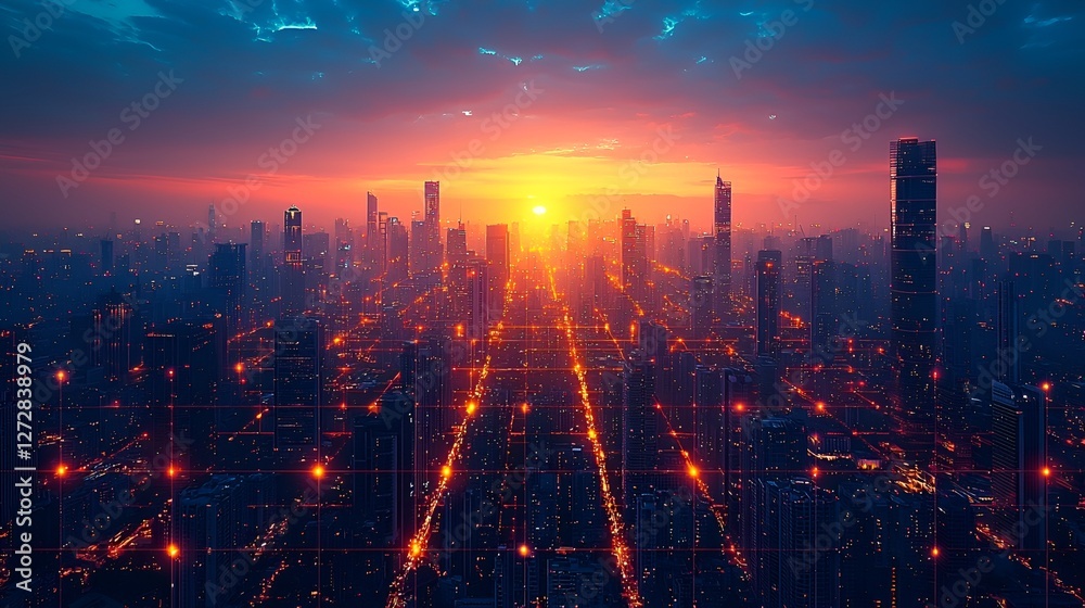 Fototapeta premium Sunrise over futuristic city skyline, aerial view, possible use for tech background