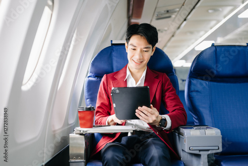 Young Asian executive excels in first class, multitasking with digital tablet, laptop and smartphone.