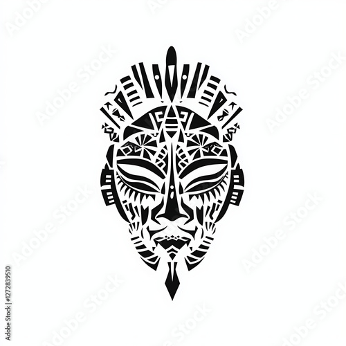 Stylized Tribal Mask Design Black Silhouette on White Backdrop Expressing Cultural Identity. photo