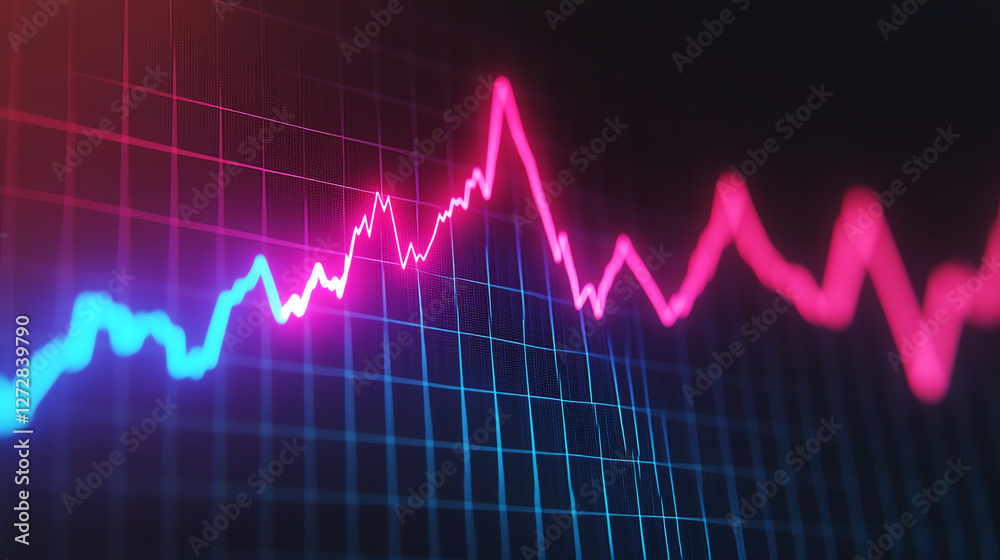 Vibrant pink and blue graph lines display dynamic market trends on dark grid background. Vibrant pink and blue graph lines display dynamic market trends on dark grid background.