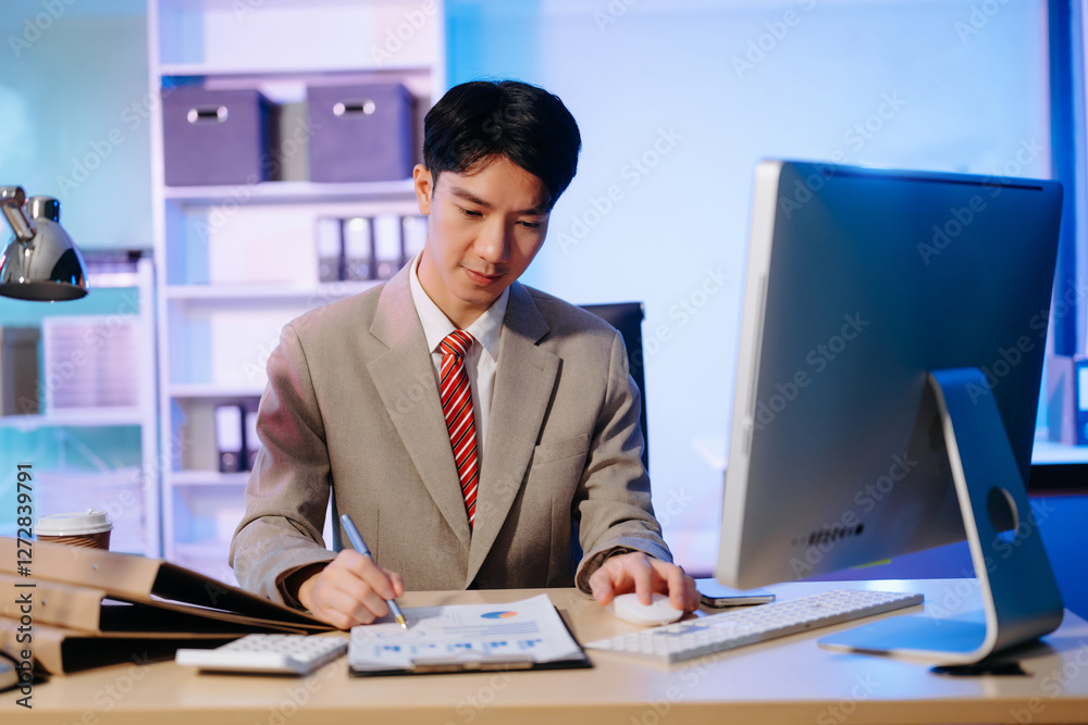 Asian Businessman analyzing reports in a modern office, working on a computer. Perfect for corporate, business, and over time concepts Asian Businessman analyzing reports in a modern office, working on a computer. Perfect for corporate, business, and over time concepts
