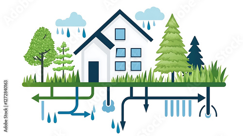 Wallpaper Mural Sustainable Water Management Cycle around a Home with Trees and Rain for Resource Conservation. Torontodigital.ca