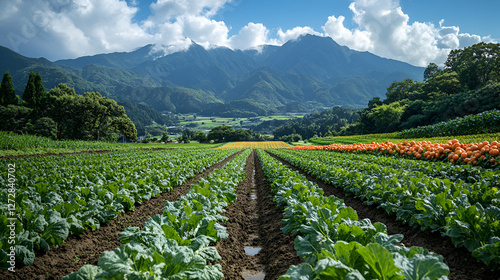 Lush agricultural fields with vibrant crops, Cultivated farmland, Picturesque countryside, Panoramic vista