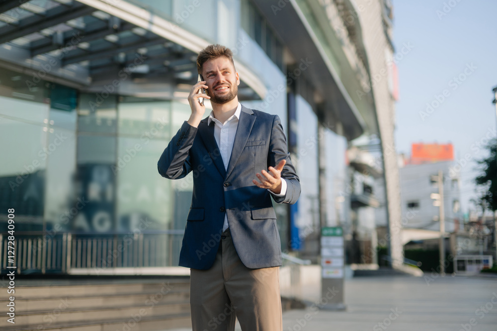 Modern businessman outdoors, using a tablet. Ideal for business, technology, and innovation themes. Modern businessman outdoors, using a tablet. Ideal for business, technology, and innovation themes.