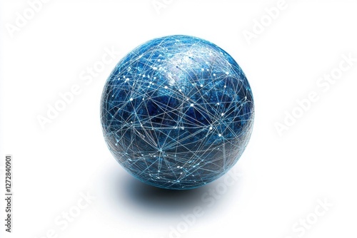 Obraz na płótnie Global connectivity concept with blue globe design showcasing interconnected lines and points on a clean white background, representing network communication and digital collaboration w salonie