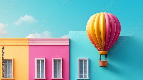 A vibrant, colorful image featuring a hot air balloon against a backdrop of pastel-colored buildings and a bright blue sky.