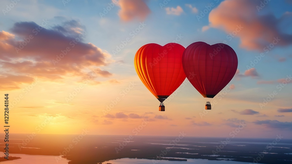 Fototapeta premium Two heart-shaped hot air balloons float against a vibrant sunset sky, creating a romantic and dreamy atmosphere over a serene landscape.