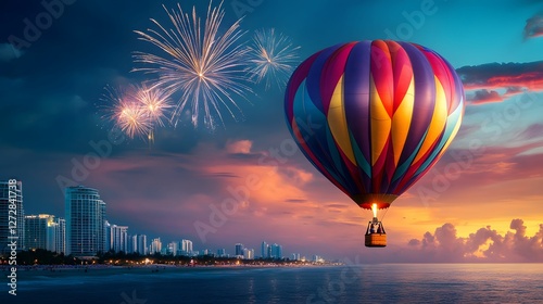 A vibrant hot air balloon floats over a city skyline, illuminated by colorful fireworks against a dramatic sunset sky.