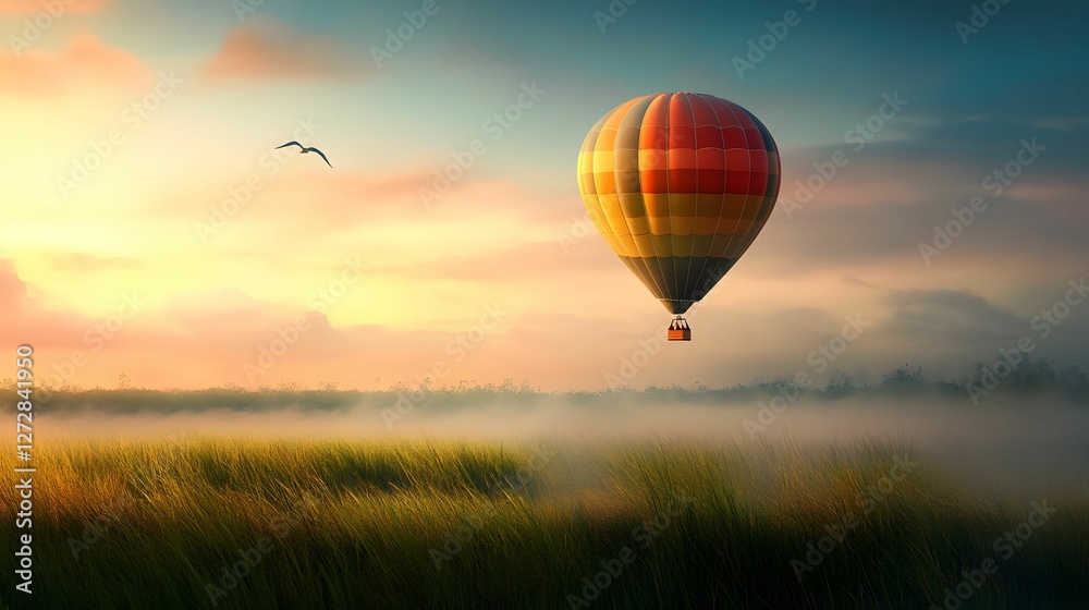 Obraz premium A vibrant hot air balloon floats serenely over a misty field at sunrise, with soft colors illuminating the sky.